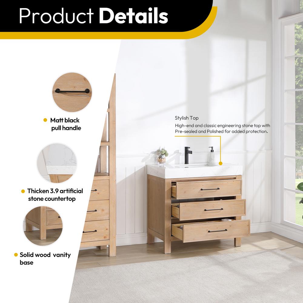 Free-standing Single Bathroom Vanity with Composite top in Lightning White. Picture 7