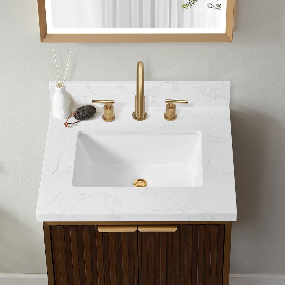 Composite Stone Vanity Top in Grain White with White Rectangular Single Sink. Picture 6