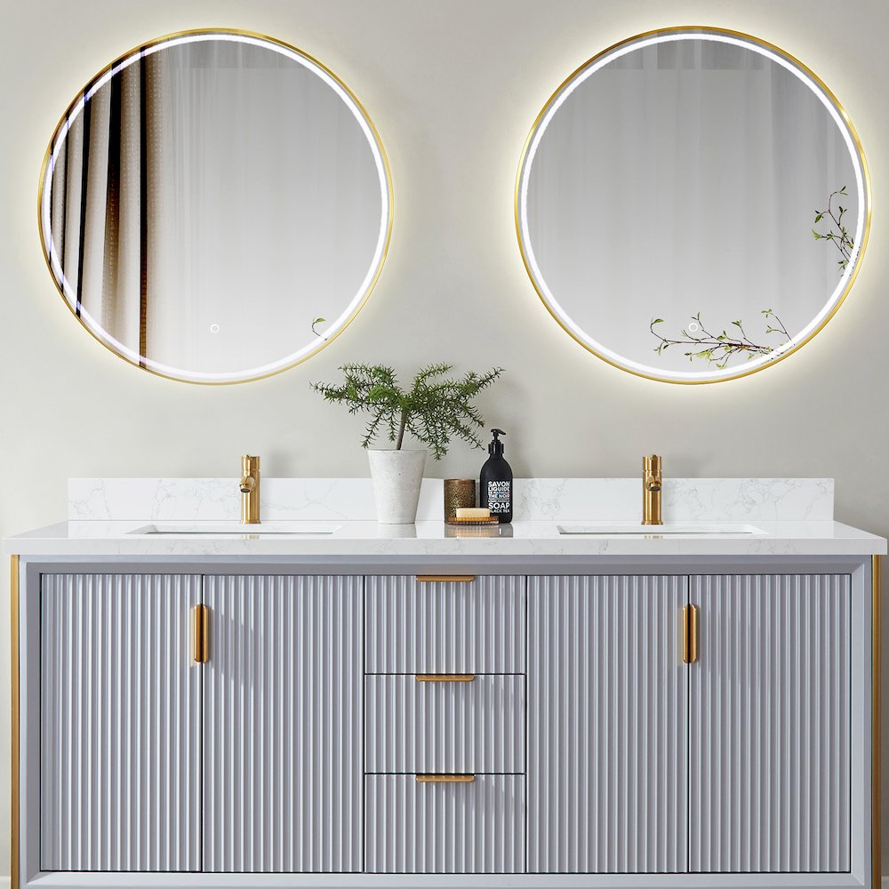 Composite Stone Vanity Top in Grain White with White Rectangular Double Sink. Picture 5