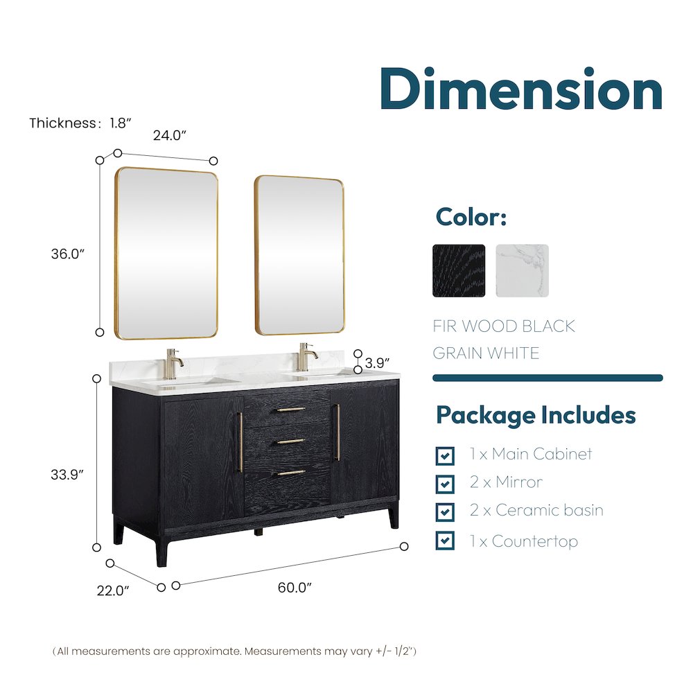 Gara 60M" Free-standing Double Bath Vanity in Fir Wood Black. Picture 18