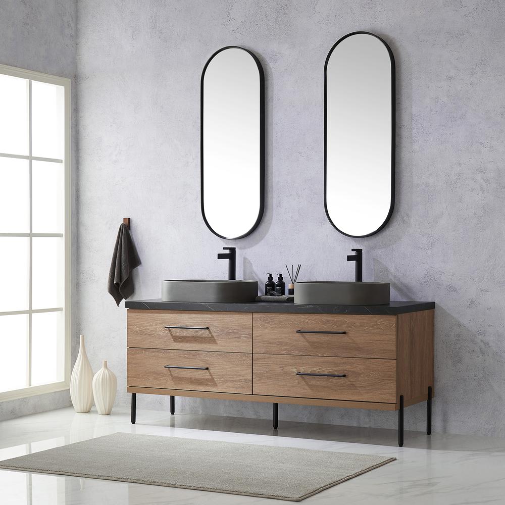 Double Sink Bath Vanity with Sintered Stone Top with Concrete Sink and Mirror. Picture 5