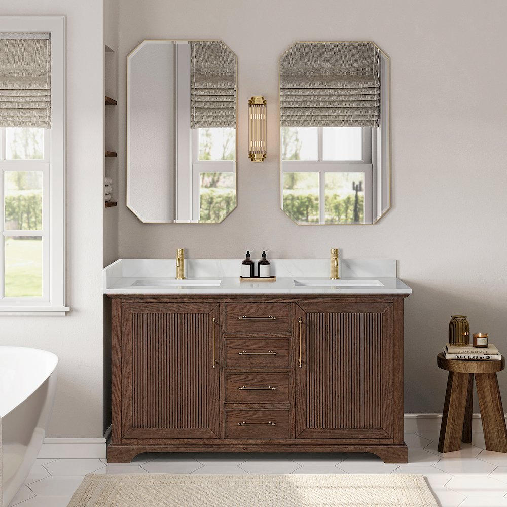 Tokyo 60M" Freestanding Double Bath Vanity in Aged Dark Brown Oak. Picture 3