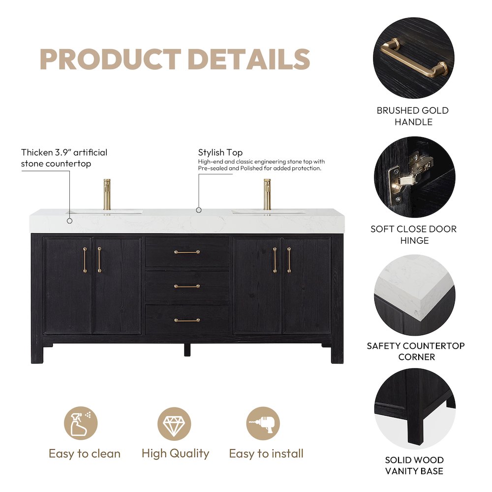 León 72in. Free-standing Double Bathroom Vanity in Fir Wood Black. Picture 16
