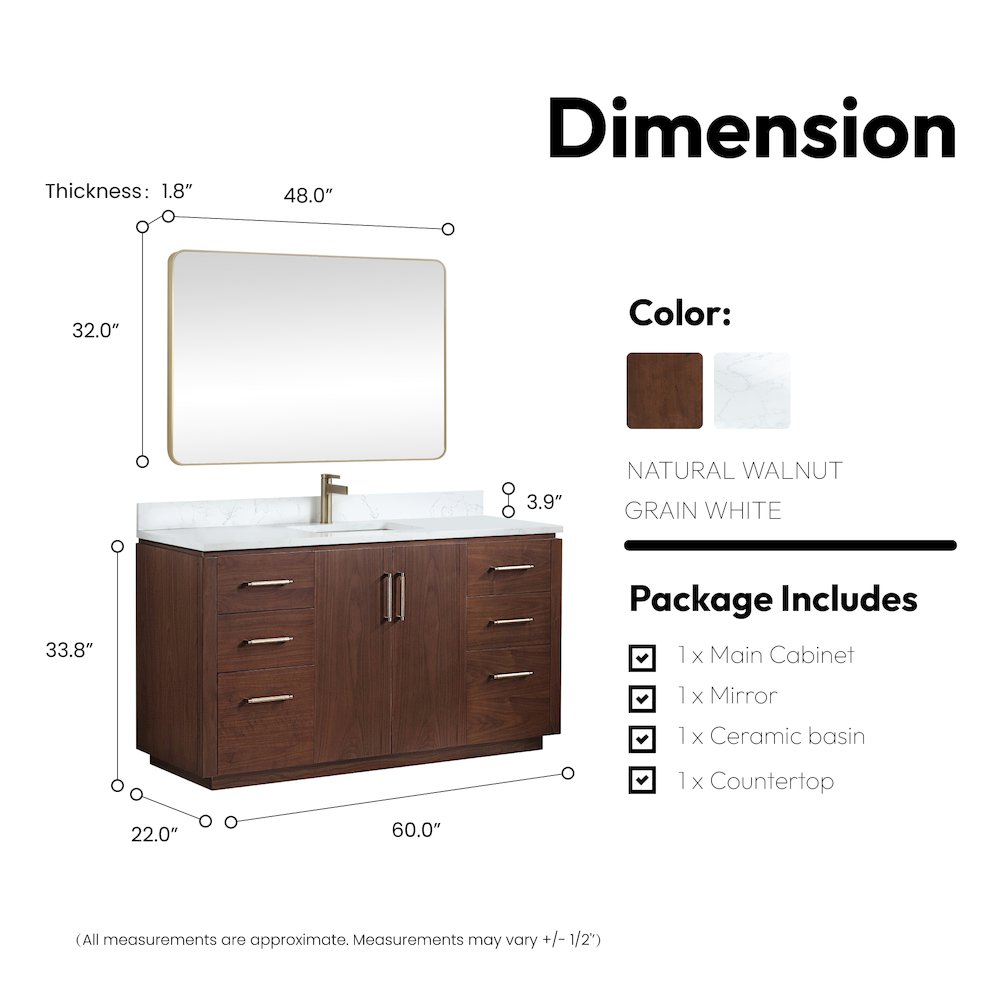 San 60" Free-standing Single Bath Vanity in Natural Walnut. Picture 18