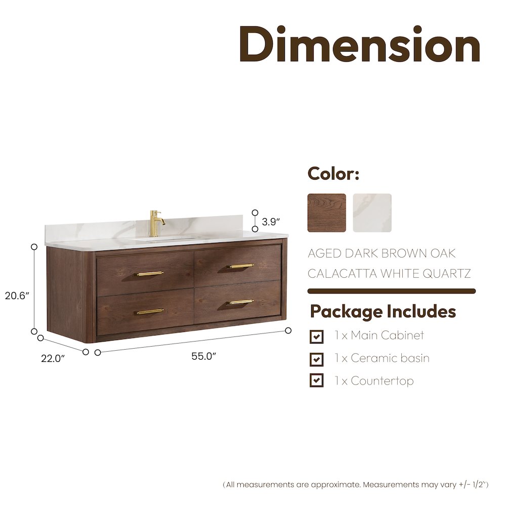 Cristo 55" Floating Single Bath Vanity in Aged Dark Brown Oak. Picture 17