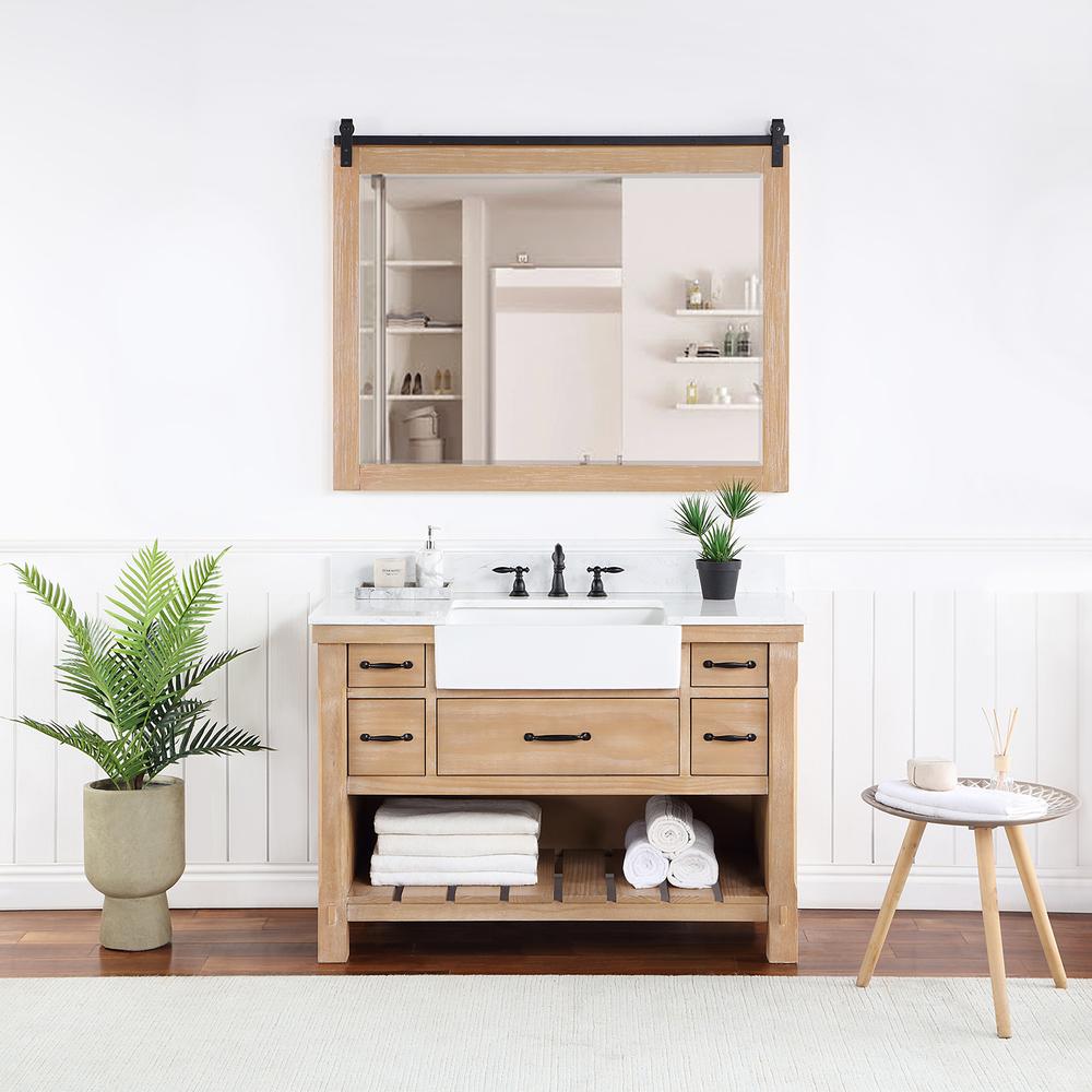 Single Bath Vanity with Composite Stone Top, White Farmhouse Basin and Mirror. Picture 4