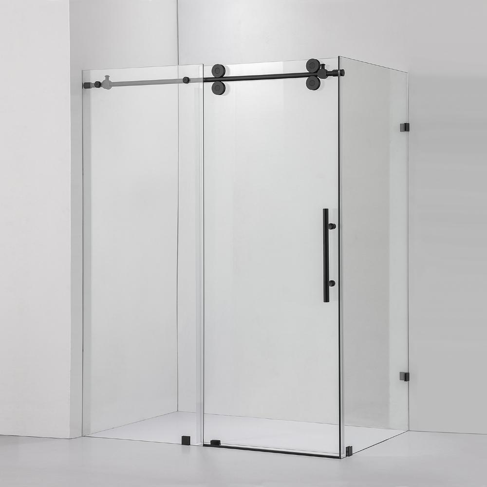 Rectangle Single Sliding Frameless Shower Enclosure in Matte Black. Picture 1