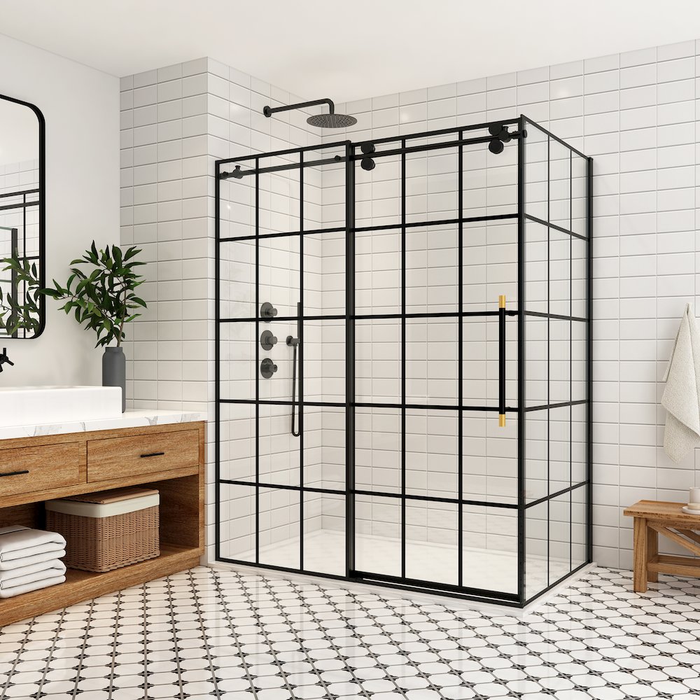 64" W x 78" H Rectangle Single Sliding Frameless Shower Enclosure in Matte Black. Picture 2
