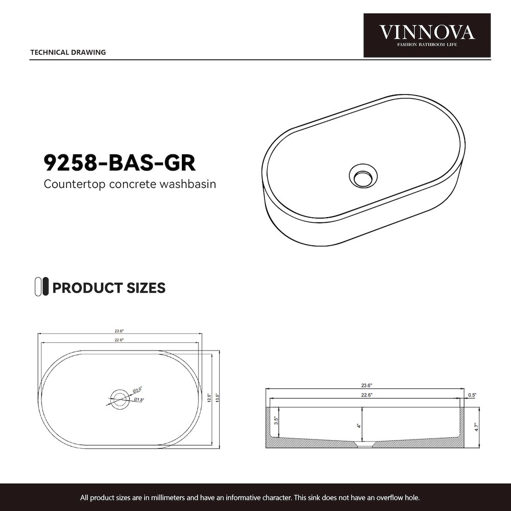 Vinnova Eibar Grey Concrete Oval Vessel Bathroom Sink. Picture 7