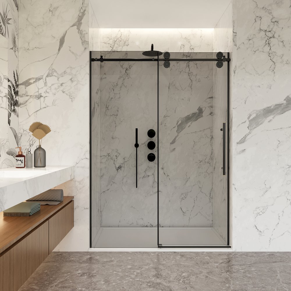 Echarri 48" W x 78" H Single Sliding Frameless Shower Door in Matte Black. Picture 3
