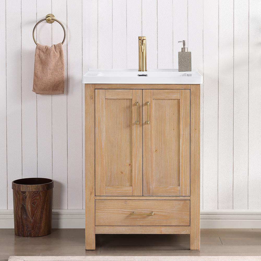 Single Sink Bath Vanity in Fir Wood Brown with Drop-In White Ceramic Basin. Picture 5