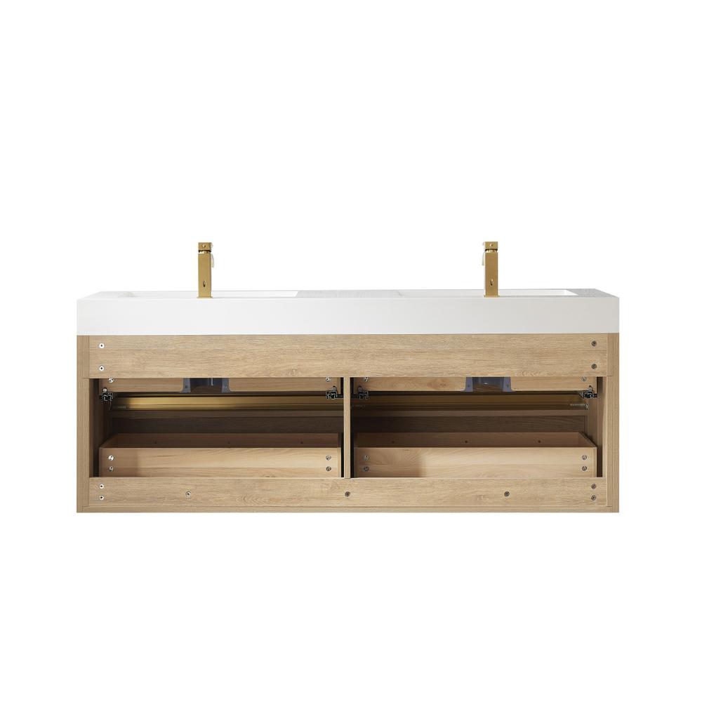 Double Sink Wall-Mount Bath Vanity with Composite Integral Square Sink Top. Picture 2