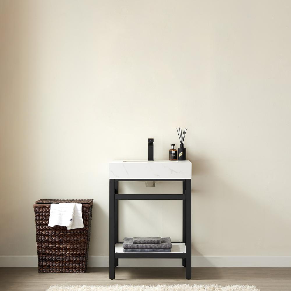 Single Sink Bath Vanity Metal Support with White Sintered Stone Top. Picture 4