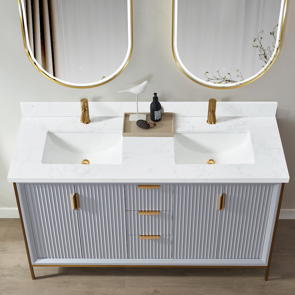 Composite Stone Vanity Top in Grain White with White Rectangular Double Sink. Picture 6