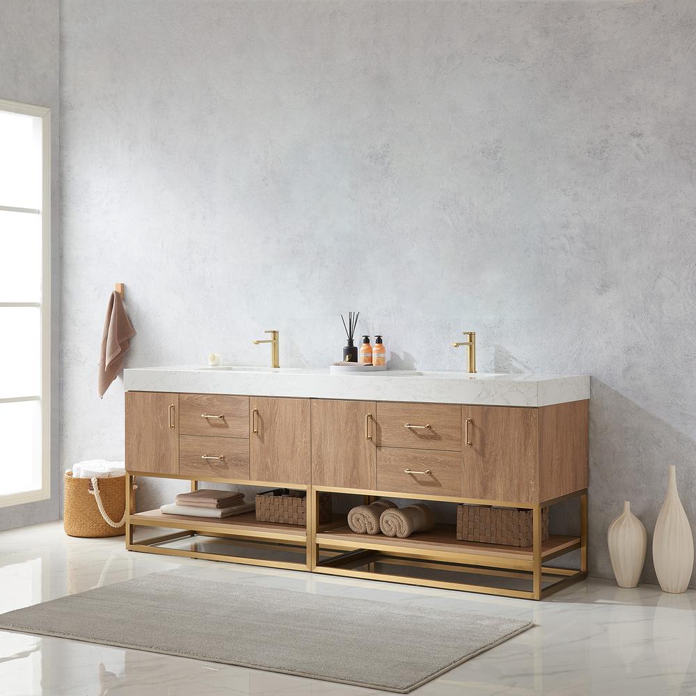 84" Double Sink Bath Vanity with White Grain Stone Countertop. Picture 11