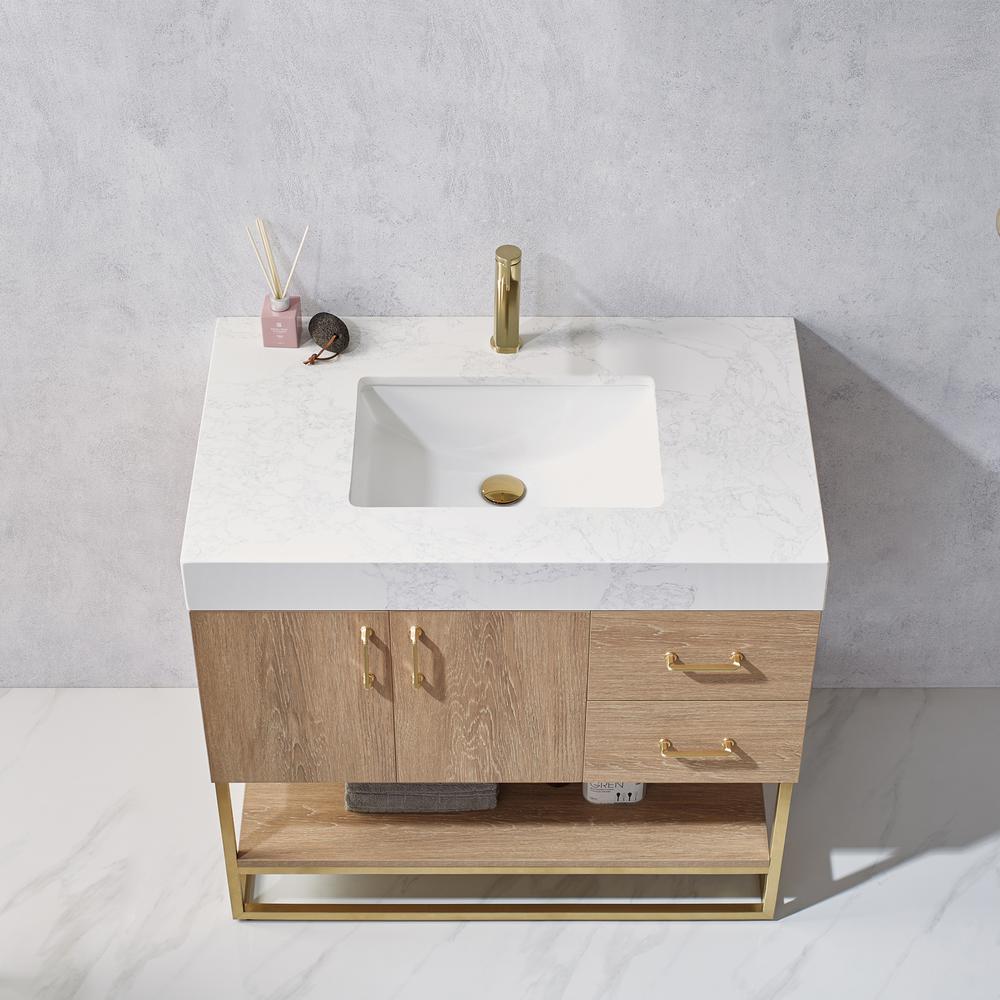 36" Single Vanity with White Grain Stone Countertop Without Mirror. Picture 7