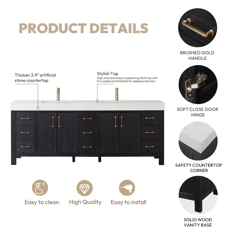 León 84in. Free-standing Double Bathroom Vanity in Fir Wood Black. Picture 16
