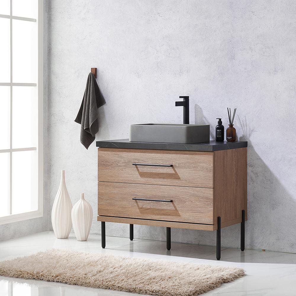 Single Sink Bath Vanity with Black Sintered Stone Top with Concrete Sink. Picture 5