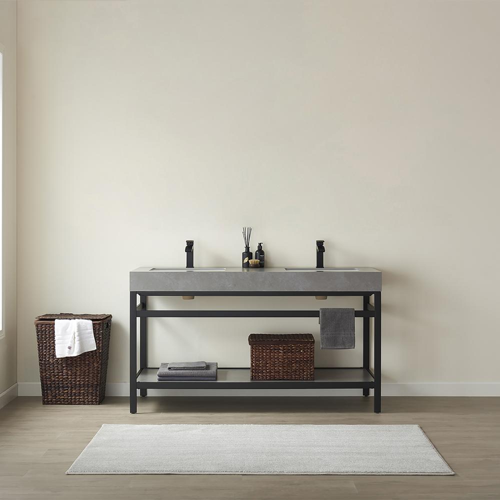 Double Sink Bath Vanity Metal Support with Grey Sintered Stone Top. Picture 3