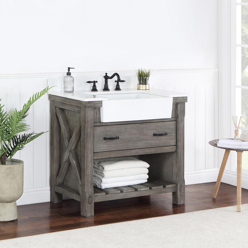 Single Bath Vanity with Composite Stone Top, White Farmhouse Basin. Picture 5