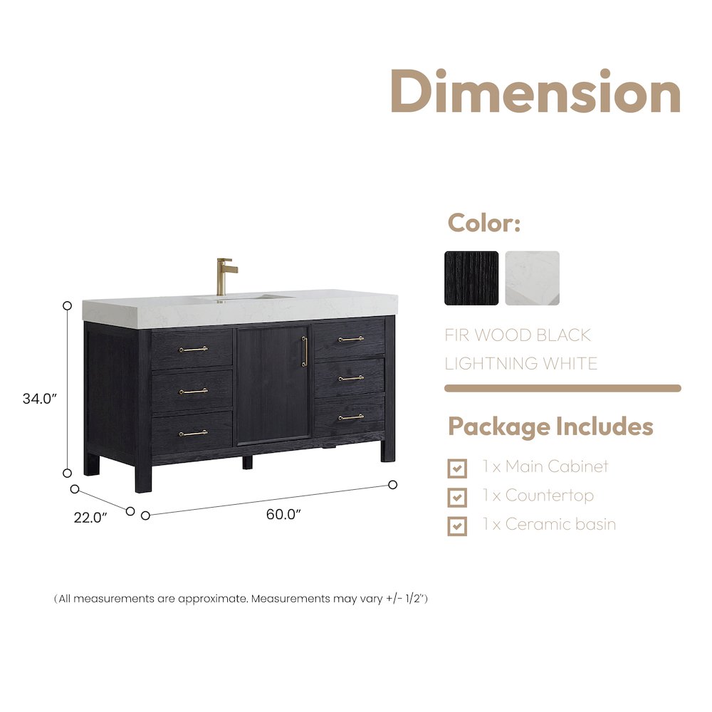 León 60in. Free-standing Single Bathroom Vanity in Fir Wood Black. Picture 17