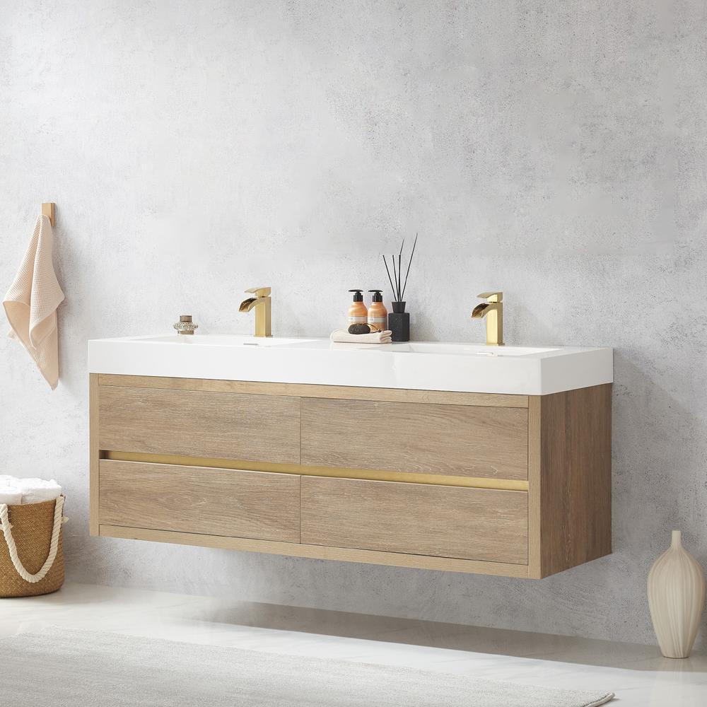 Double Sink Wall-Mount Bath Vanity with Composite Integral Square Sink Top. Picture 7