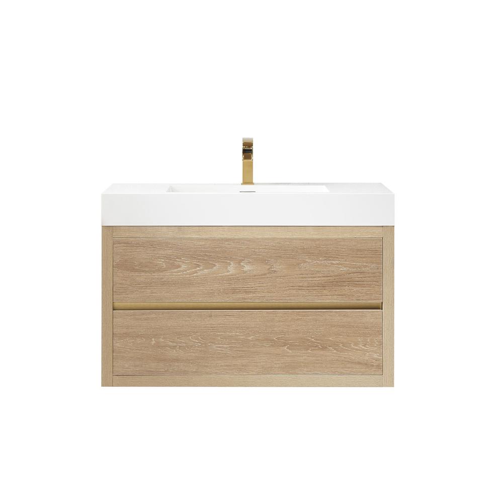 Single Sink Wall-Mount Bath Vanity with Composite Integral Square Sink Top. Picture 1