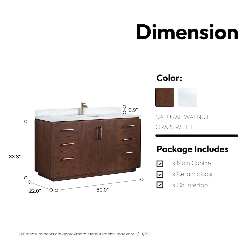 San 60" Free-standing Single Bath Vanity in Natural Walnut. Picture 17