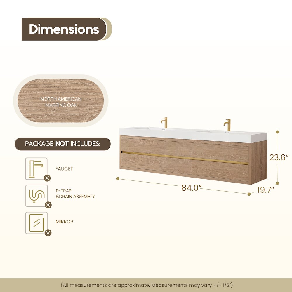 Palencia 84" Double Sink Wall-Mount Bath Vanity in North American Oak. Picture 15