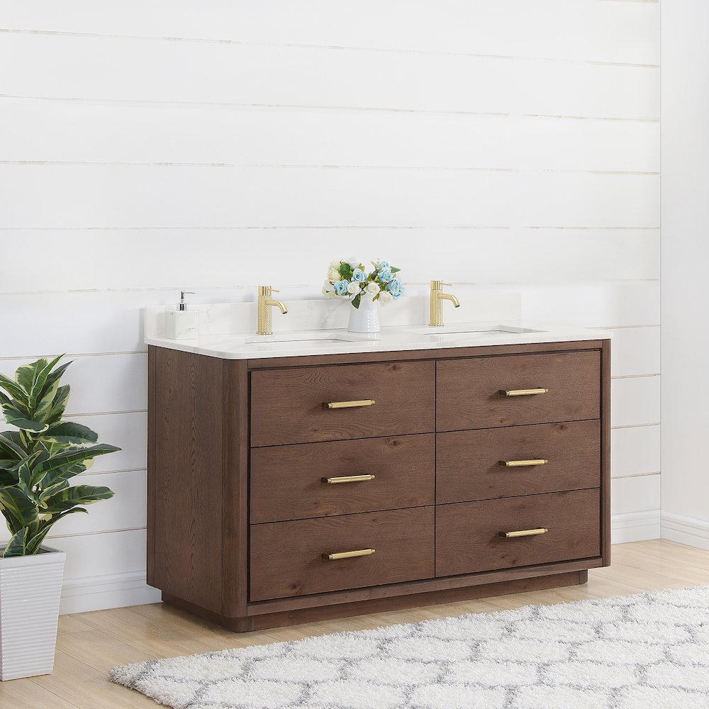 Porto 60M" Free-standing Double Bath Vanity in Aged Dark Brown Oak. Picture 13