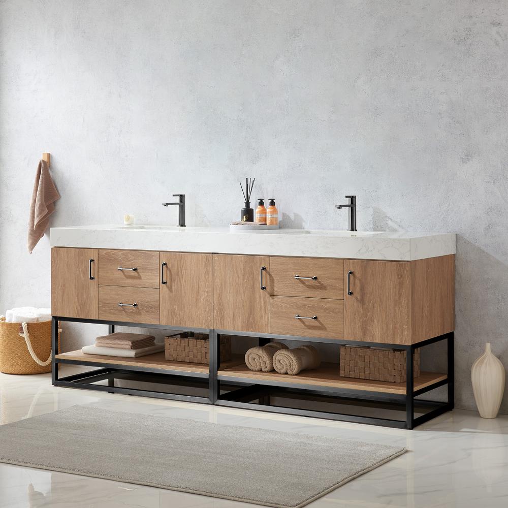 84B" Double Sink Bath Vanity with White Grain Stone Countertop. Picture 4