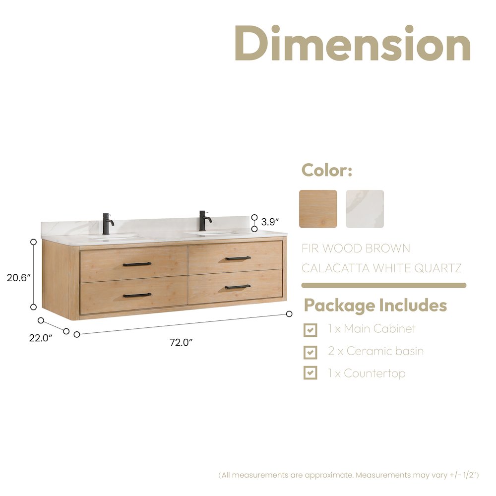 Cristo 72" Floating Double Bath Vanity in Fir Wood Brown. Picture 17