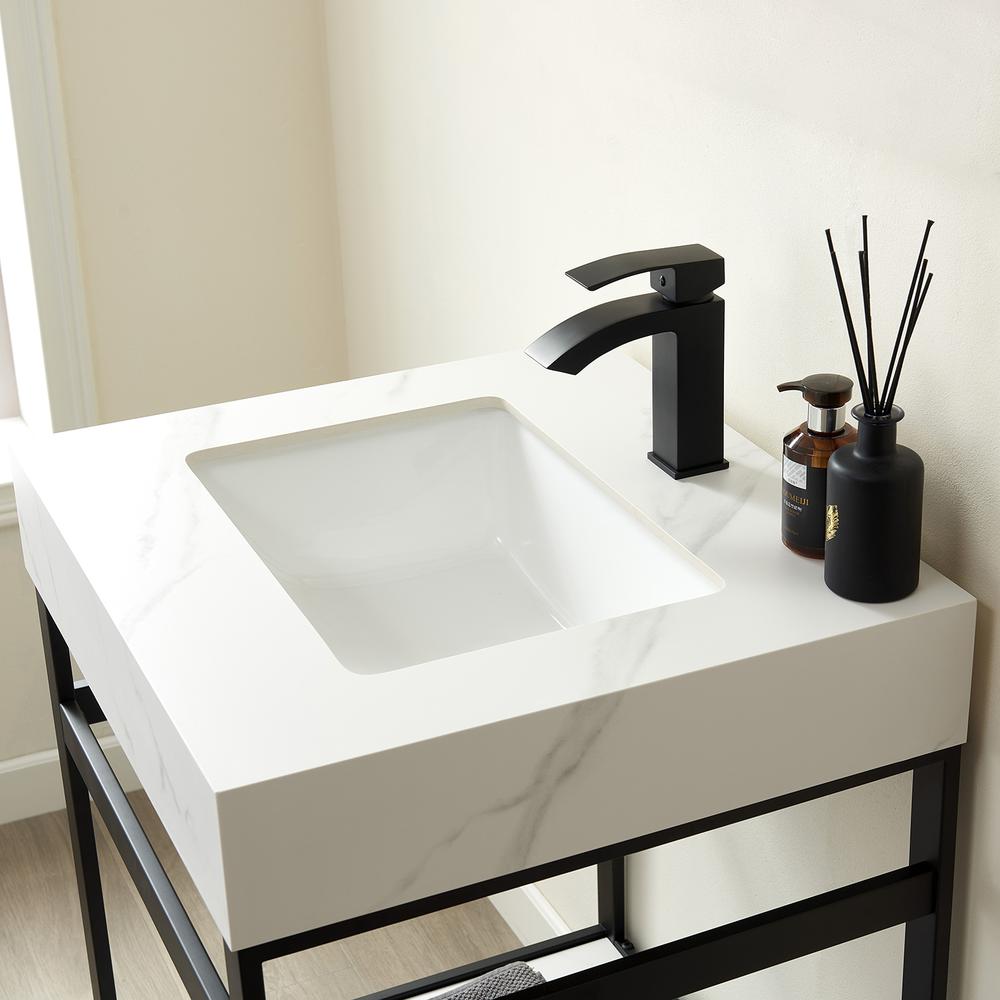 Single Sink Bath Vanity Metal Support with White Sintered Stone Top. Picture 5