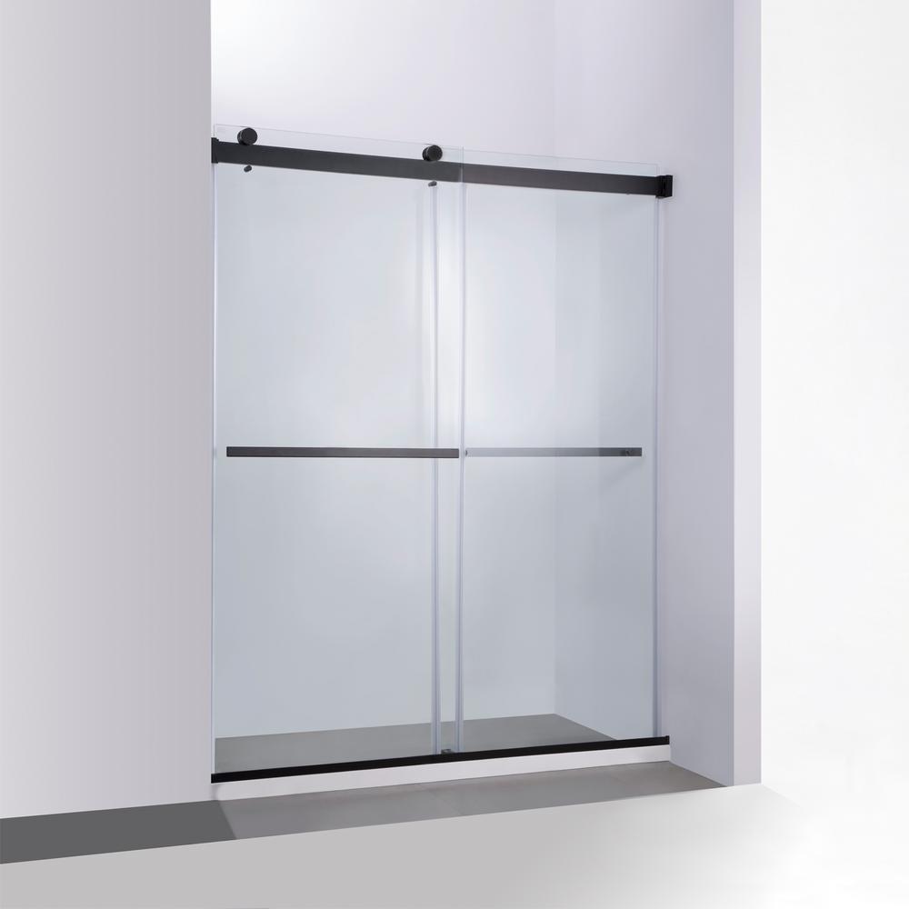 Spezia 60" W x 76" H Double Sliding Frameless Shower Door in Matte Black. Picture 2