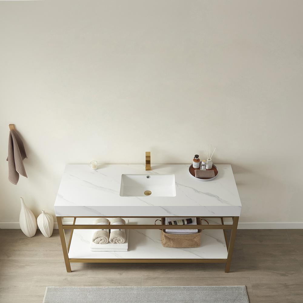 Single Sink Bath Vanity Metal Support with White Sintered Stone Top. Picture 7