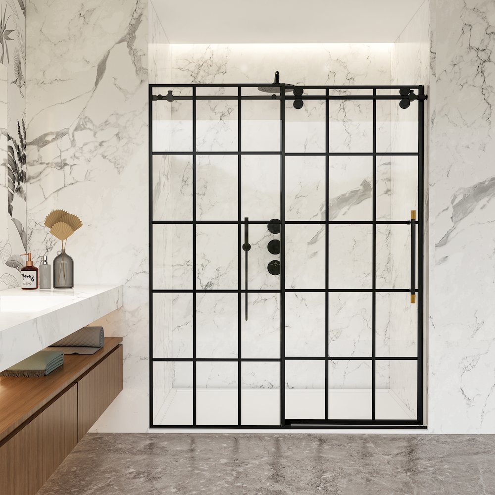 Puente 64" W x 78" H Single Sliding Frameless Shower Door in Matte Black. Picture 3