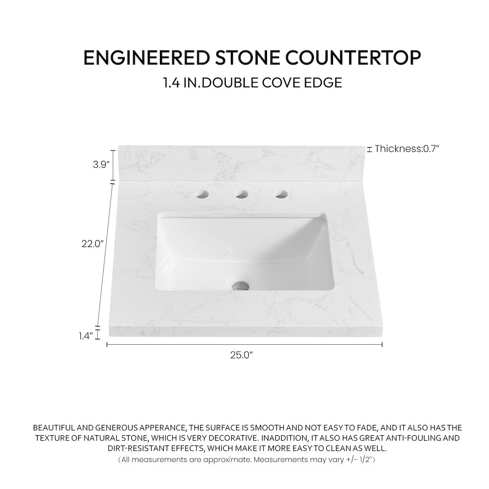Composite Stone Vanity Top in Grain White with White Rectangular Single Sink. Picture 4