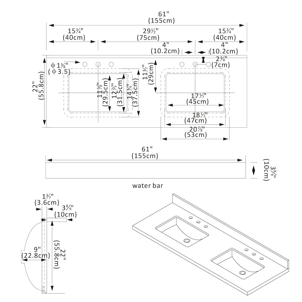 Composite Stone Vanity Top in Grain White with White Rectangular Double Sink. Picture 4