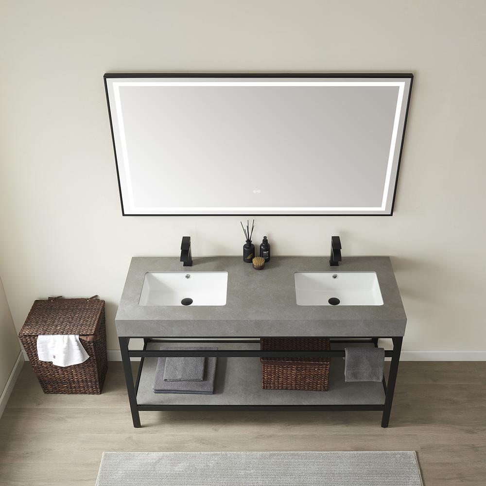 Double Sink Bath Vanity Metal Support with Grey Sintered Stone Top and Mirror. Picture 5