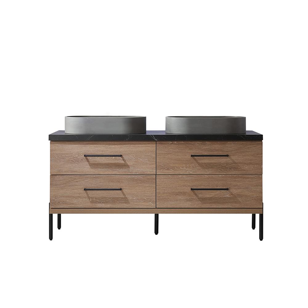 Double Sink Bath Vanity with Black Sintered Stone Top with Concrete Sink. Picture 2