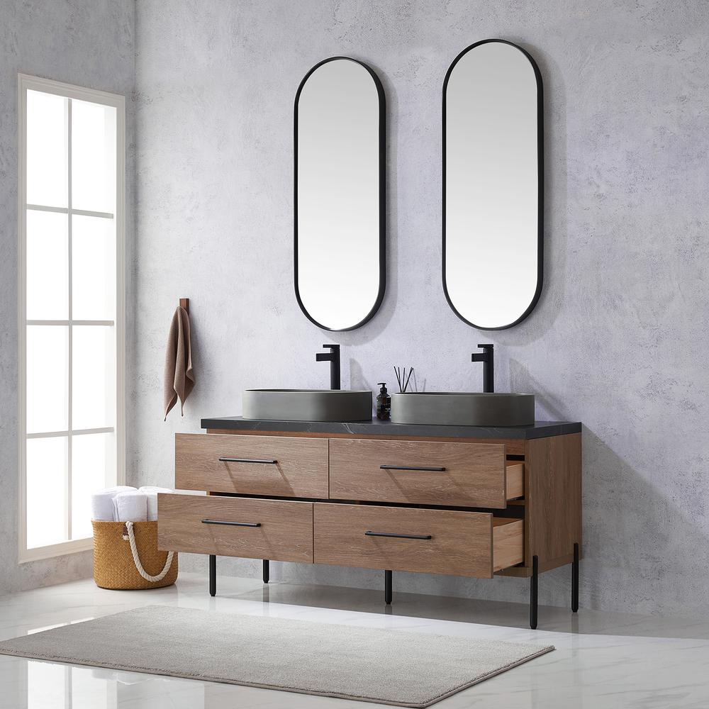 Double Sink Bath Vanity with Sintered Stone Top with Concrete Sink and Mirror. Picture 6
