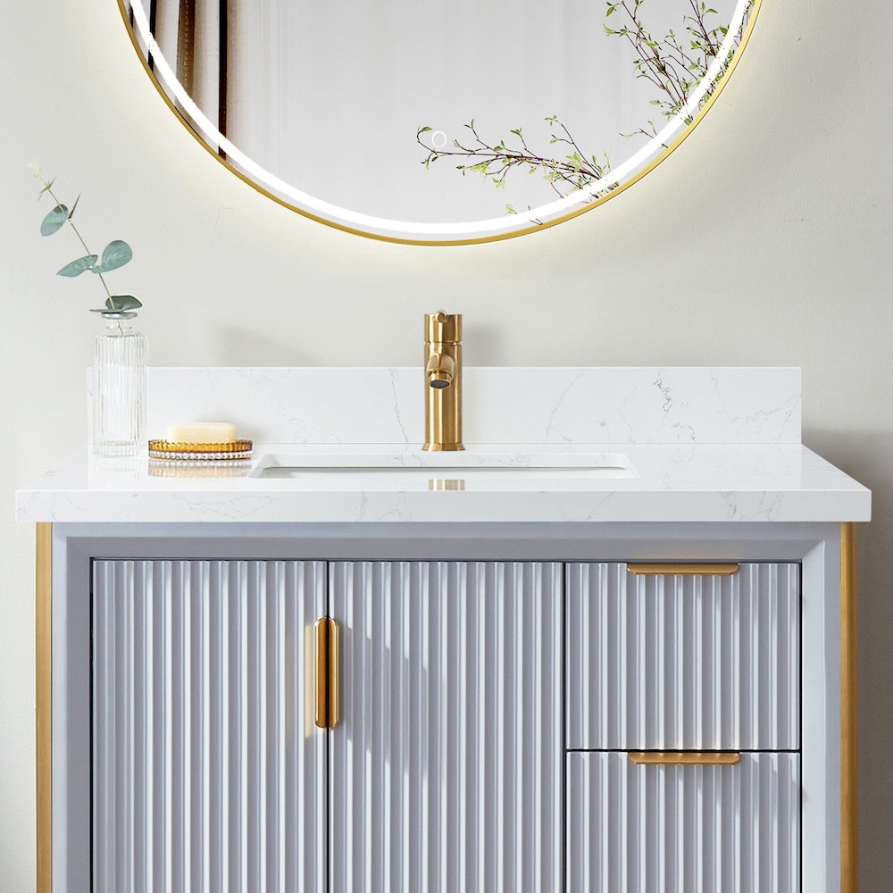 Composite Stone Vanity Top in Grain White with White Rectangular Single Sink. Picture 5