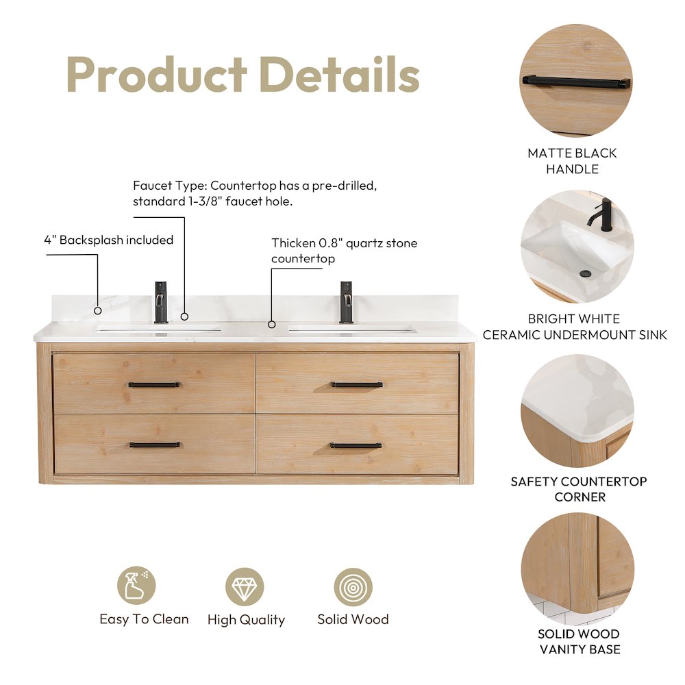 Cristo 60M" Floating Double Bath Vanity in Fir Wood Brown. Picture 16
