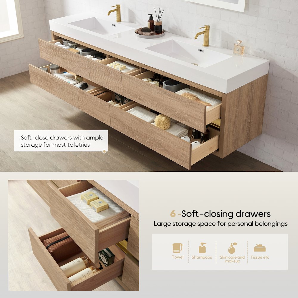 Palencia 84" Double Sink Wall-Mount Bath Vanity in North American Oak. Picture 8