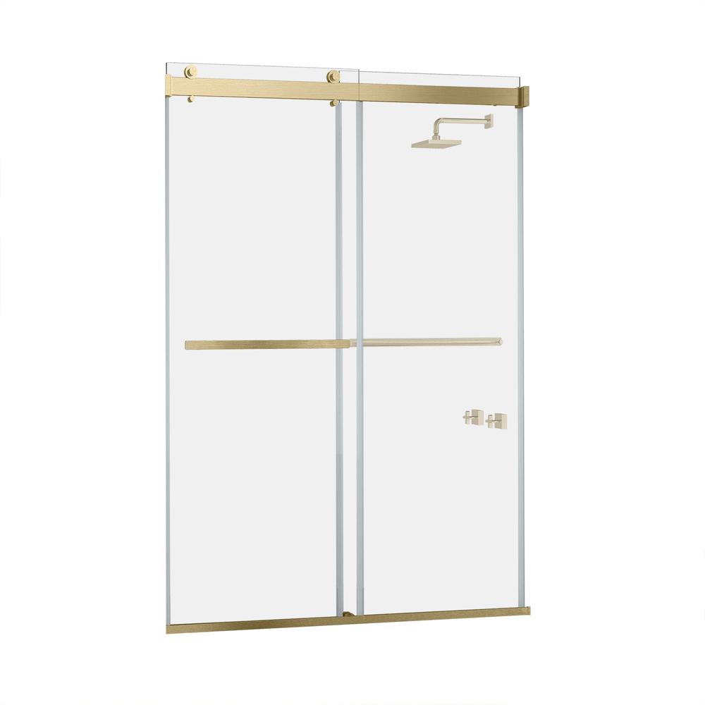 Spezia 60" W x 76" H Double Sliding Frameless Shower Door in Brushed Gold. Picture 1