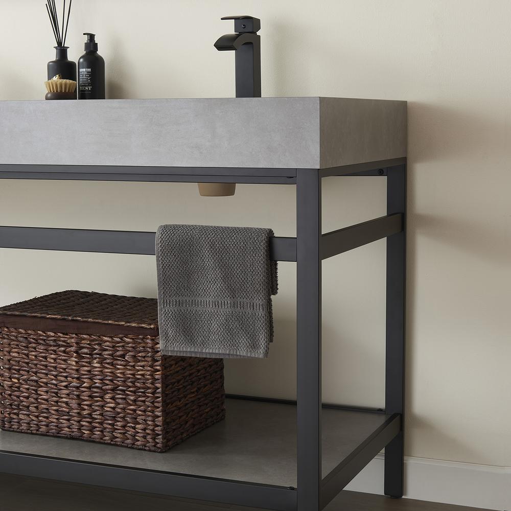 Double Sink Bath Vanity Metal Support with Grey Sintered Stone Top and Mirror. Picture 7