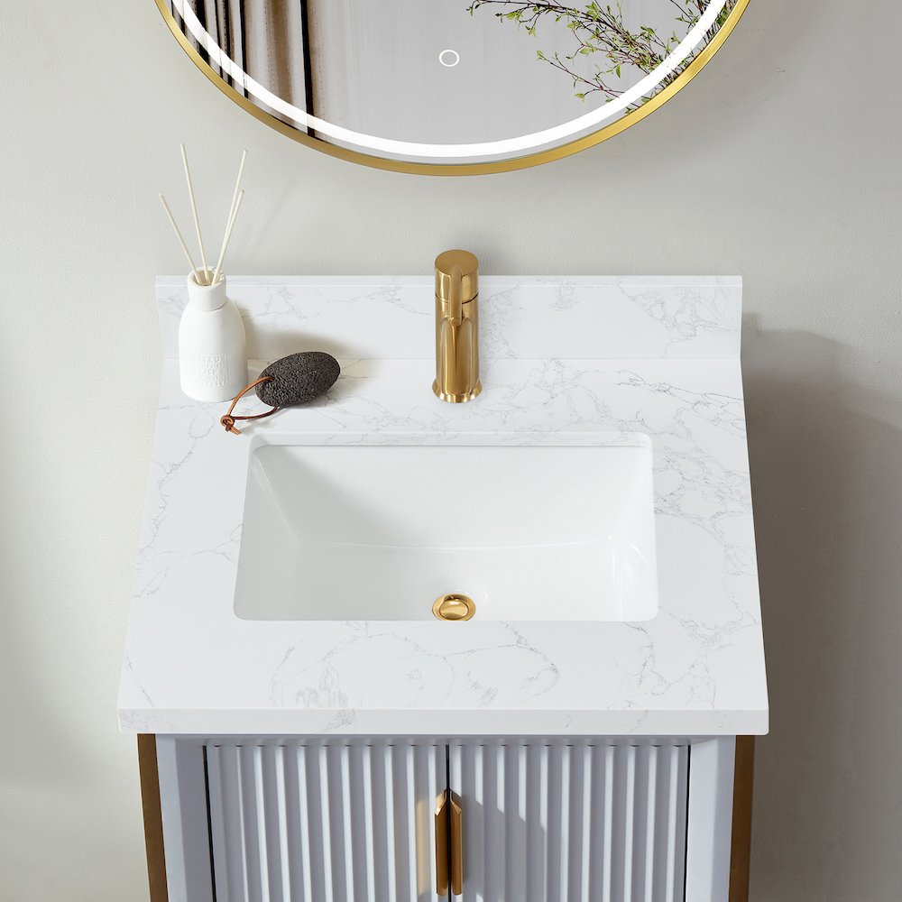 Composite Stone Vanity Top in Grain White with White Rectangular Single Sink. Picture 6