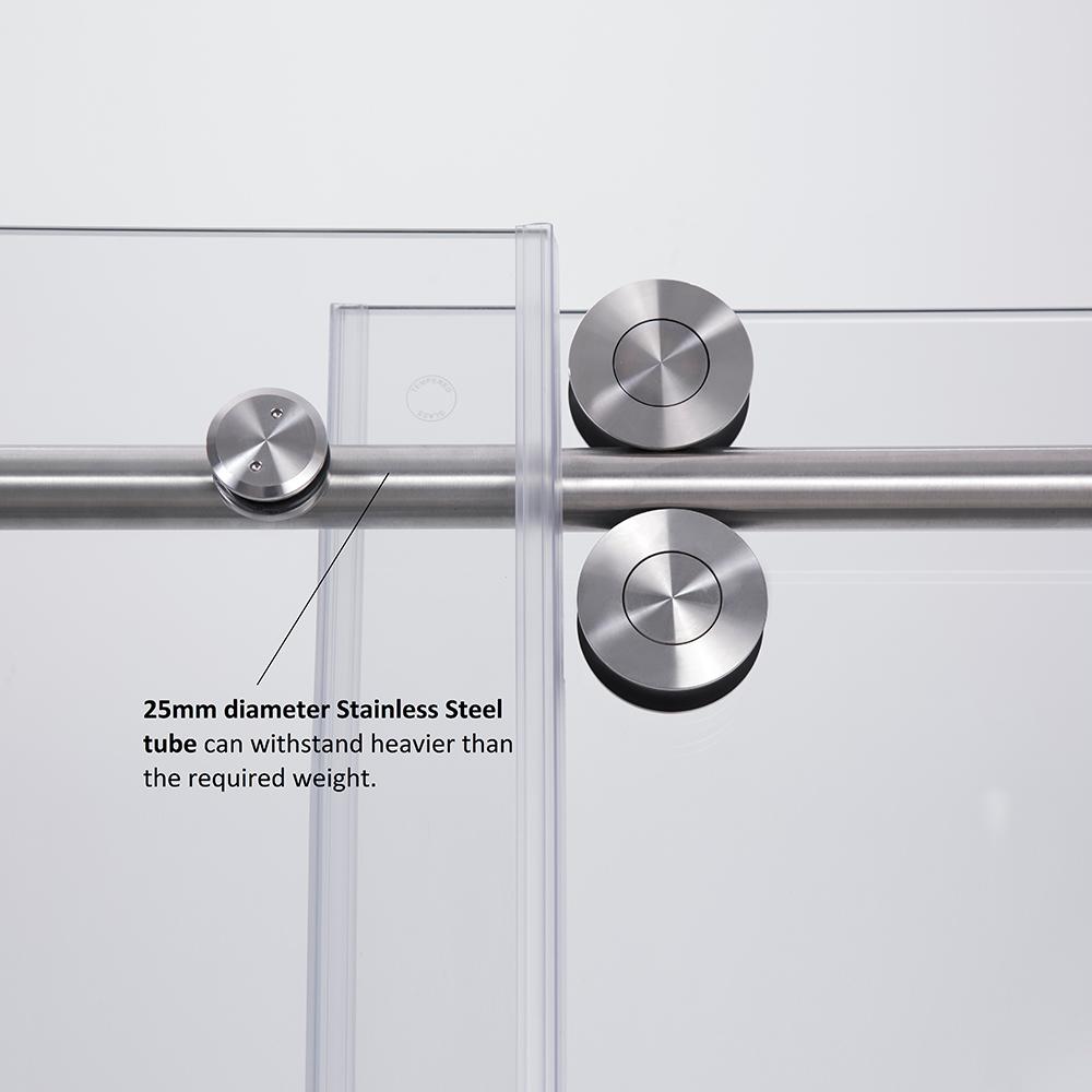 Spezia 60" W x 76" H Double Sliding Frameless Shower Door in Brushed Nickel. Picture 10