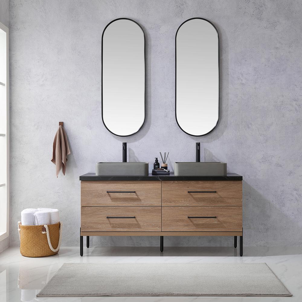 Double Sink Bath Vanity with Sintered Stone Top with Concrete Sink and Mirror. Picture 4