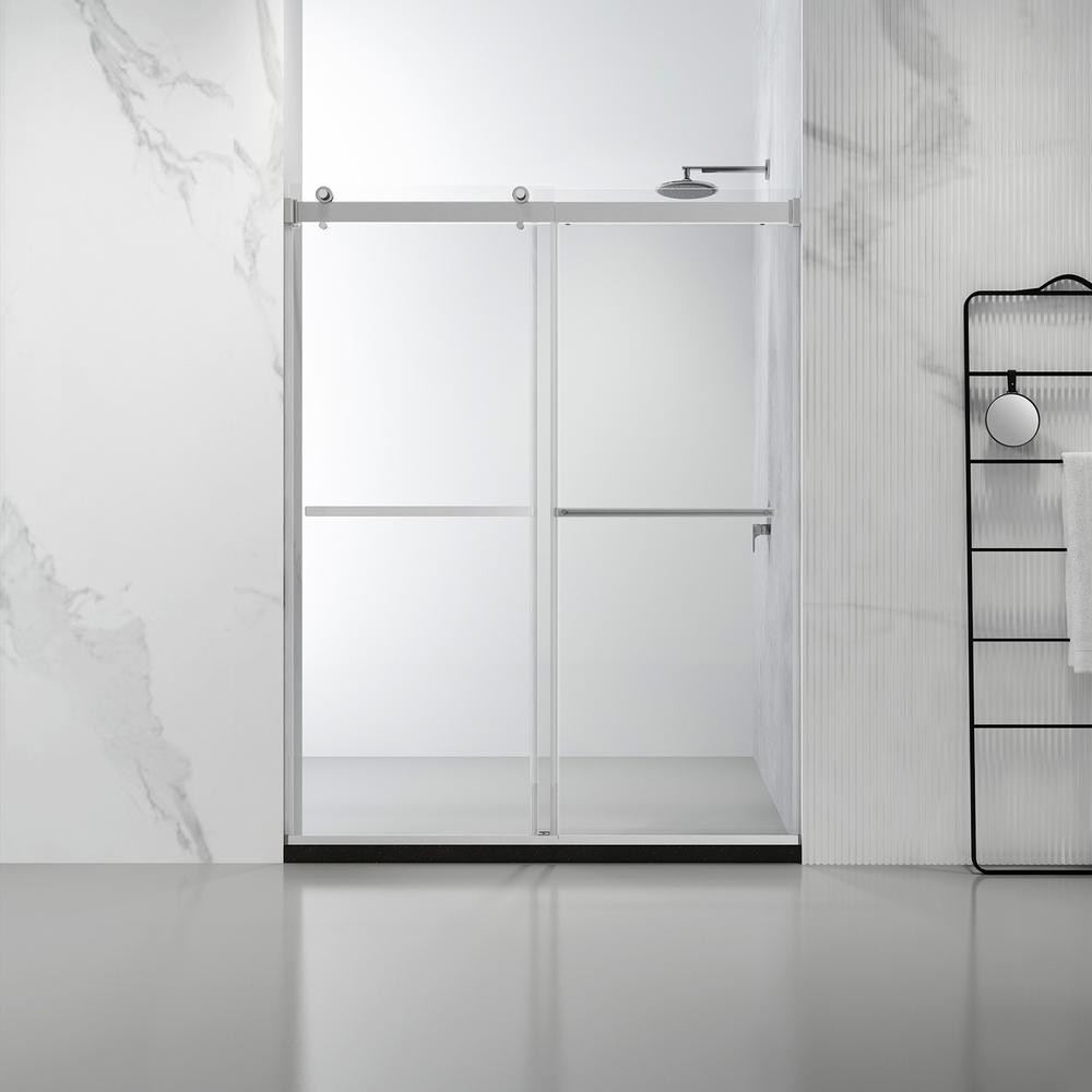 Spezia 64" W x 76" H Double Sliding Frameless Shower Door in Polished Chrome. Picture 2